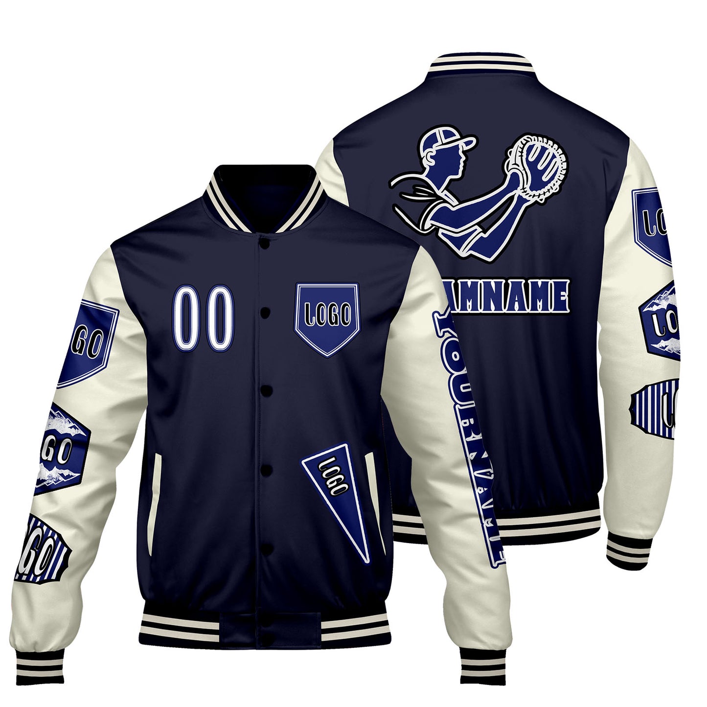 Custom Navy White Letterman Varsity Jacket Personalized Embroidery Printing