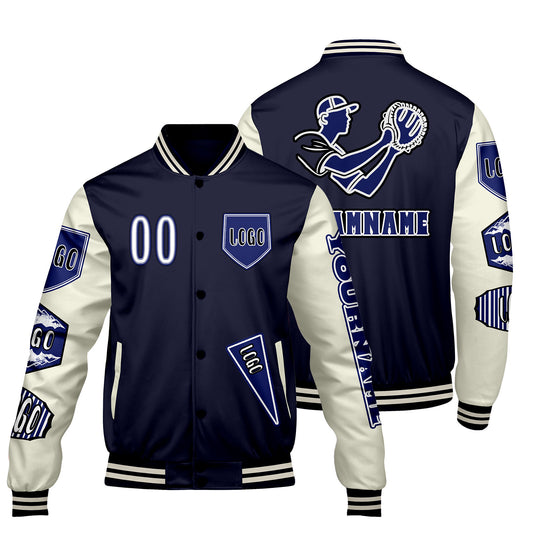 Custom Navy White Letterman Varsity Jacket Personalized Embroidery Printing