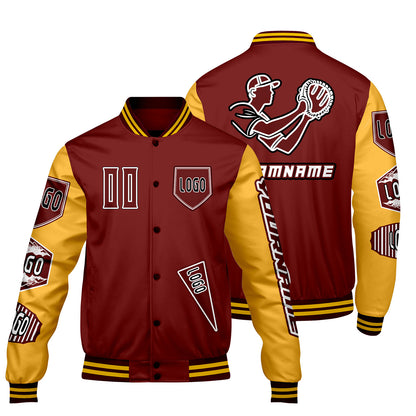 Custom Red Yellow Letterman Varsity Jacket Personalized Embroidery Printing