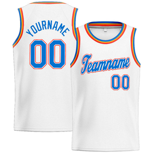 Custom Stitched Basketball Jersey for Men, Women And Kids White-Blue-Orange
