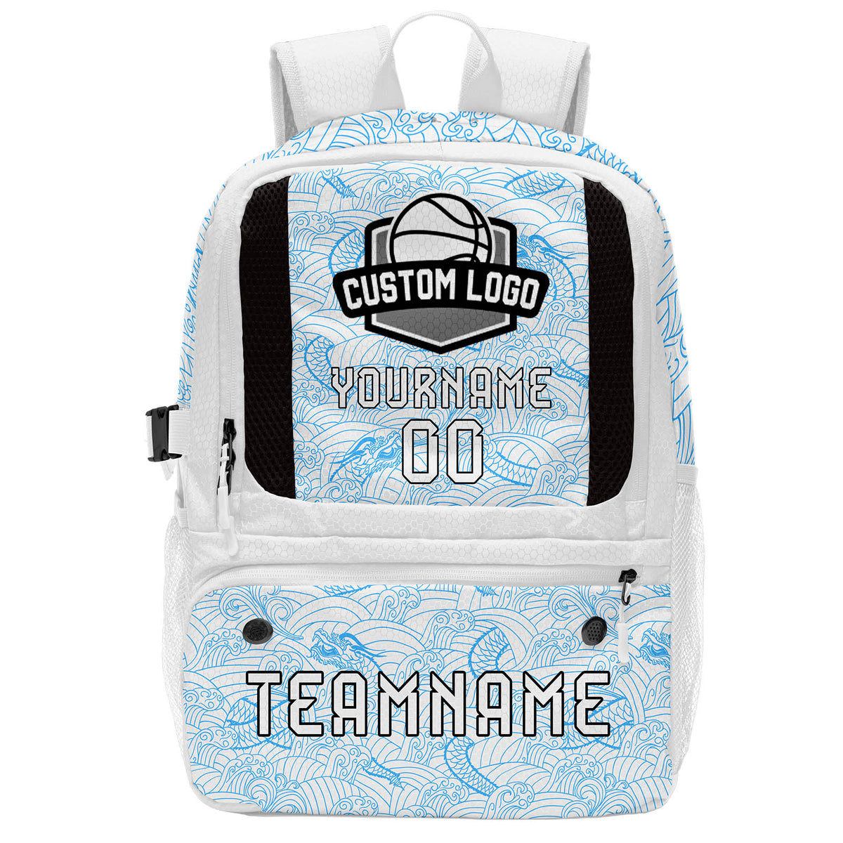 Custom White Blue Basketball Soccer Backpack Personalized Player Names Numbers Team Logo #BB-0919-0038