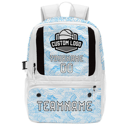 Custom White Blue Basketball Soccer Backpack Personalized Player Names Numbers Team Logo #BB-0919-0038