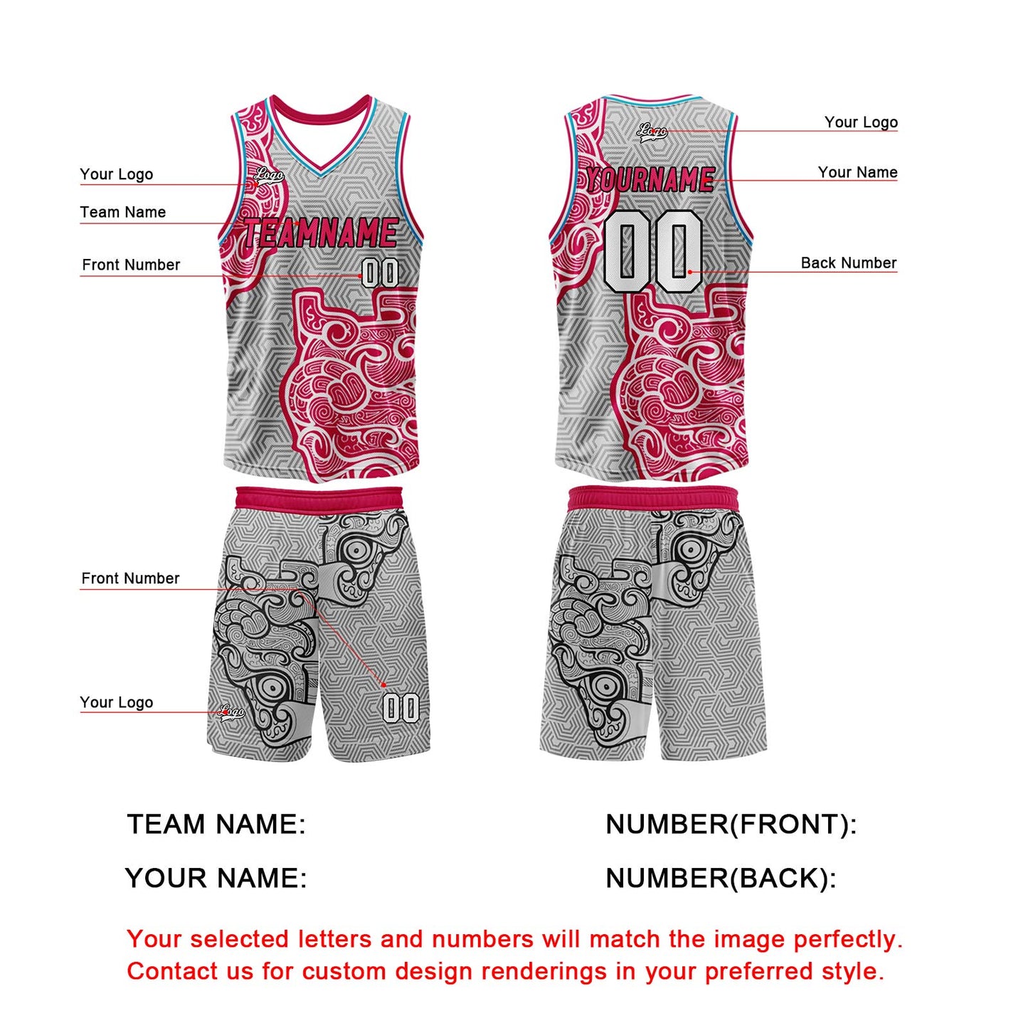 Custom Gray Pink Basketball Jersey Uniform Suit Printed Your Logo Name Number