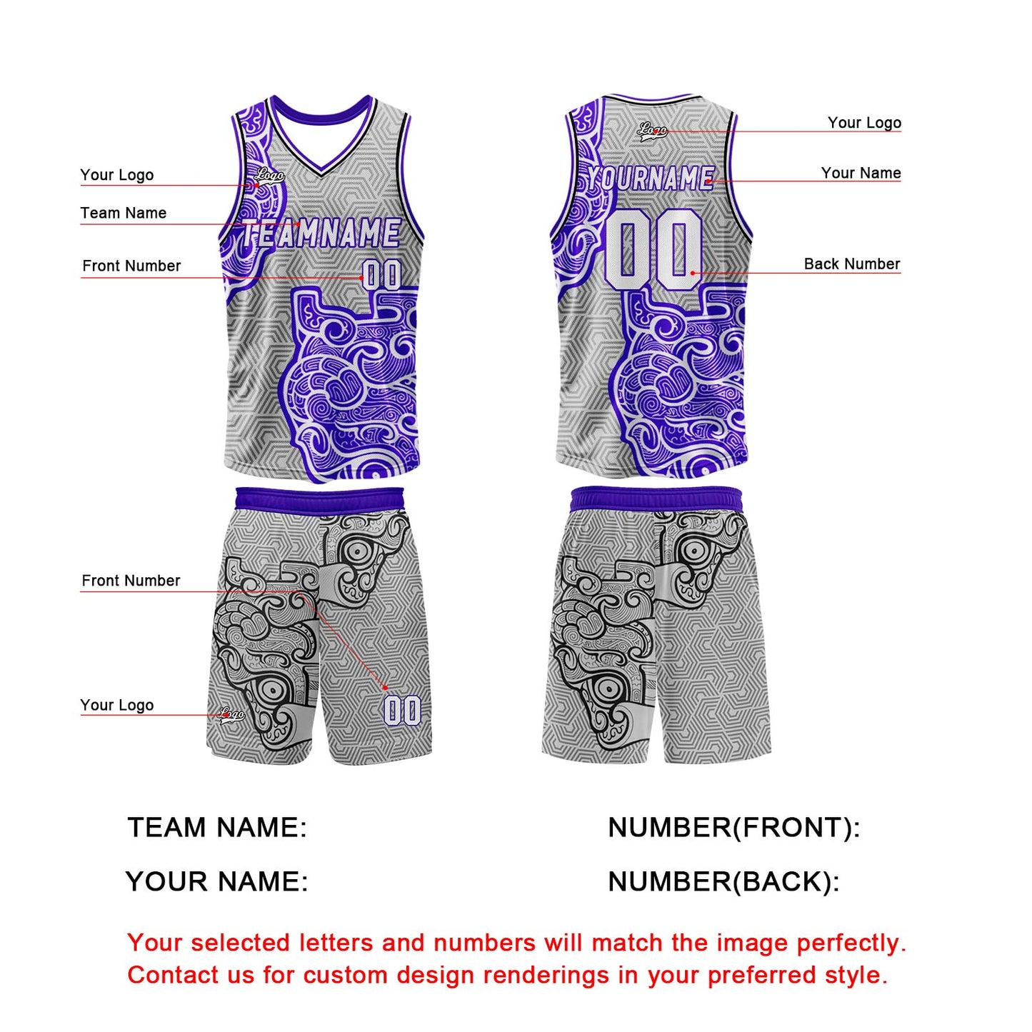 Custom Gray Purple Basketball Jersey Uniform Suit Printed Your Logo Name Number
