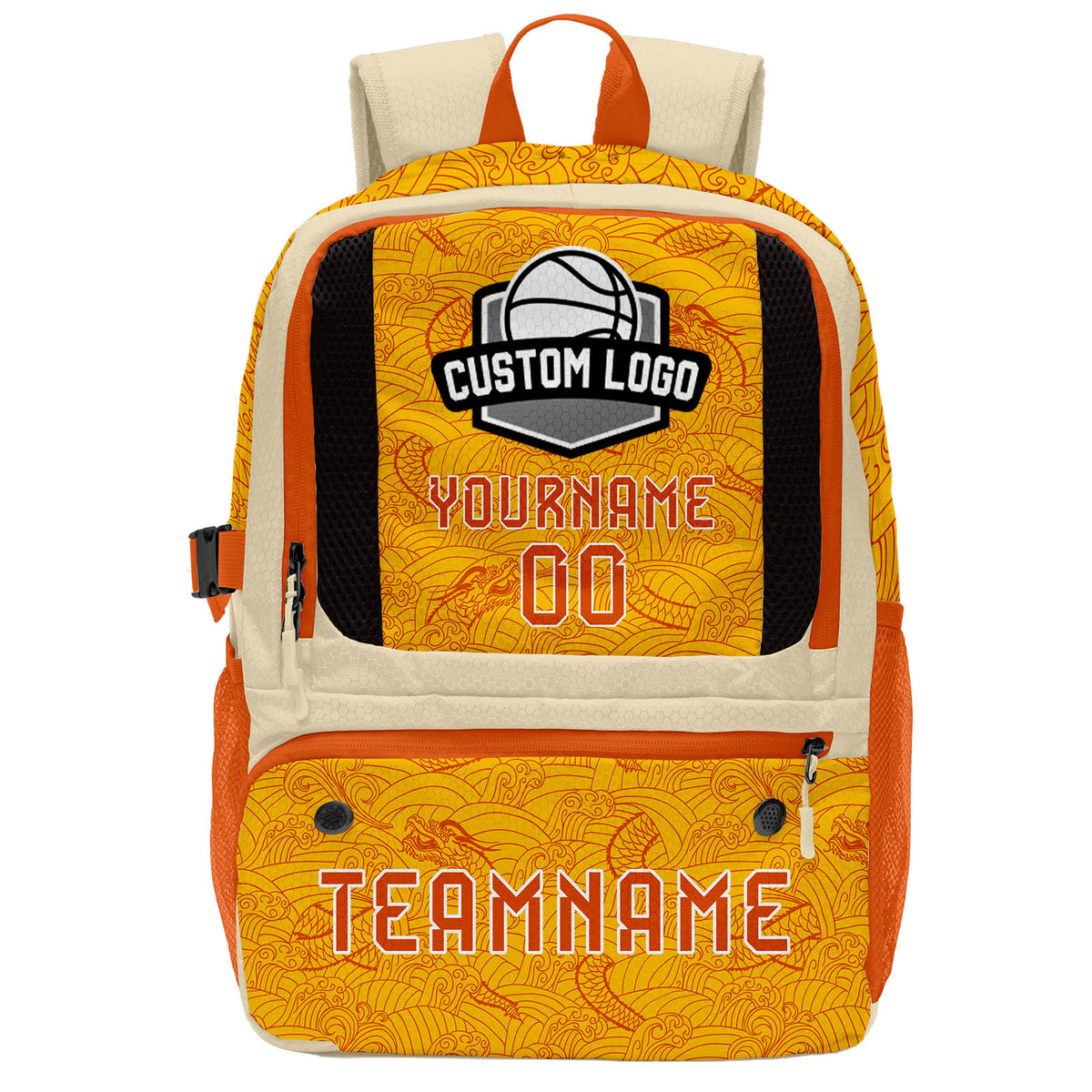 Custom Rice White Orange Yellow Basketball Soccer Backpack Personalized Player Names Numbers Team Logo #BB-0919-0034
