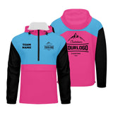 Custom Light Blue Pink Black Windproof Softshell  Hooded Jacket - Lightweight Full - Zip, Full Print Logos & Texts