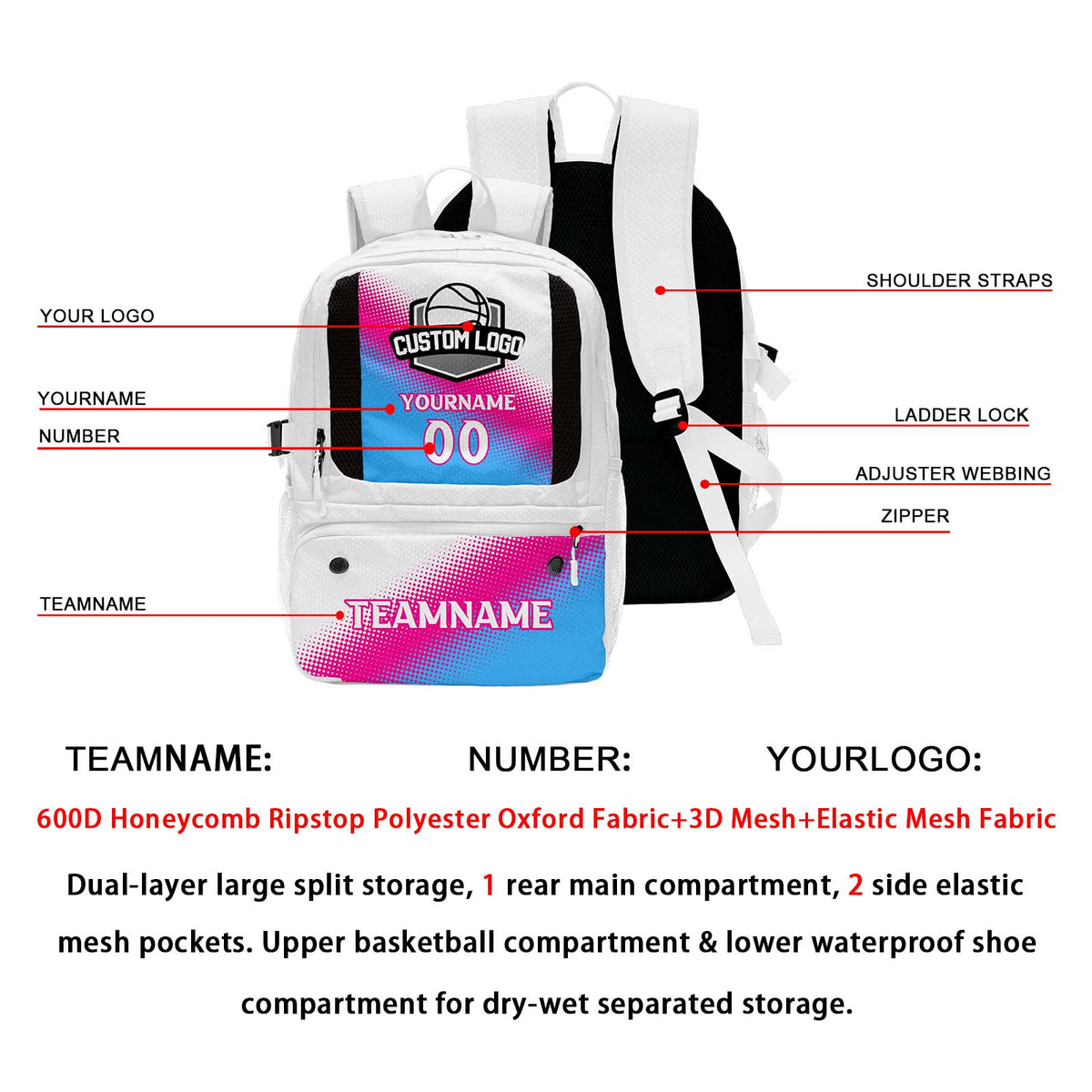 Custom White Basketball Soccer Backpack Personalized Player Names - Numbers & Team Logo #150-BP-0914-0031