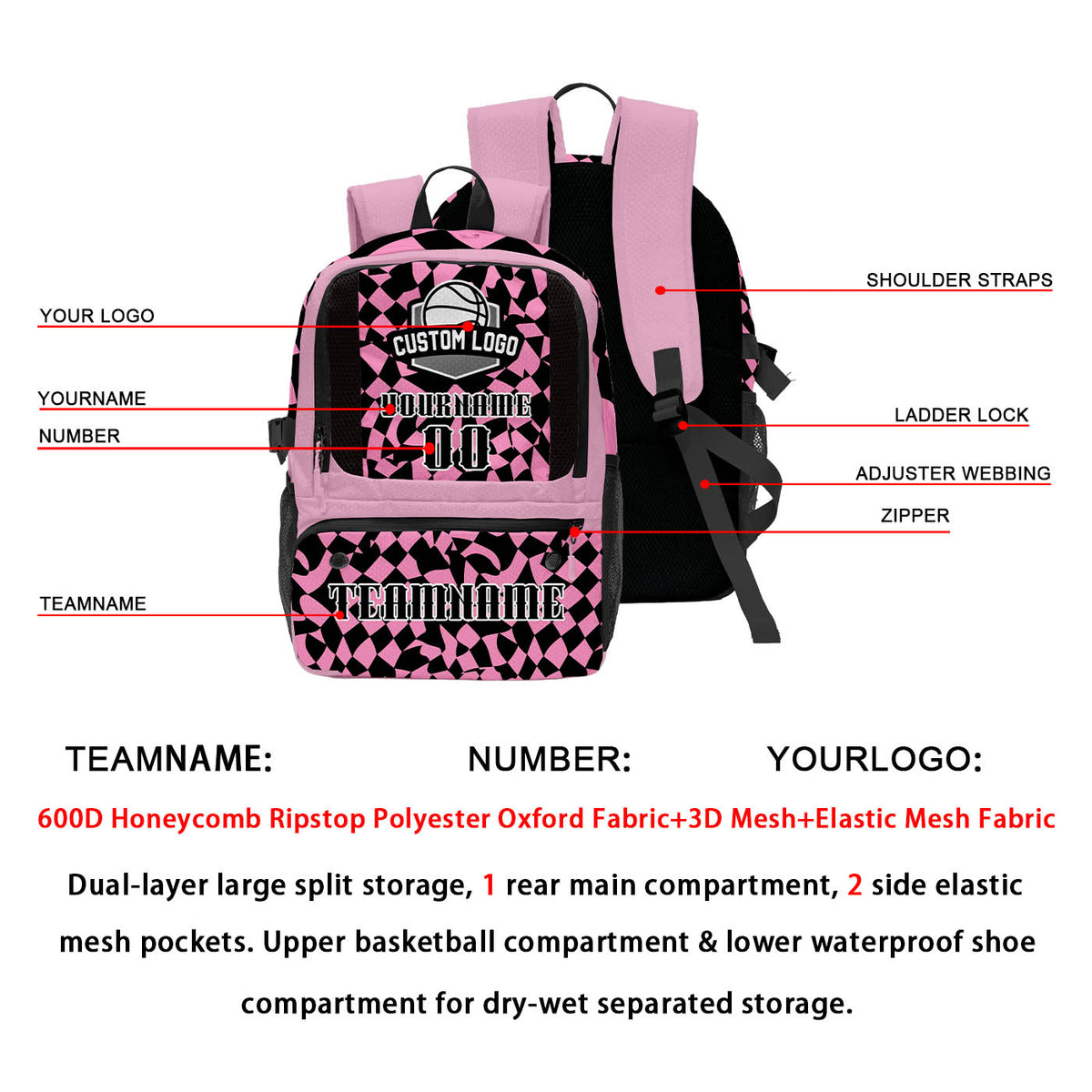 Custom Pink Black Basketball Soccer Backpack Personalized Player Names Numbers Team Logo #BB-0919-0027