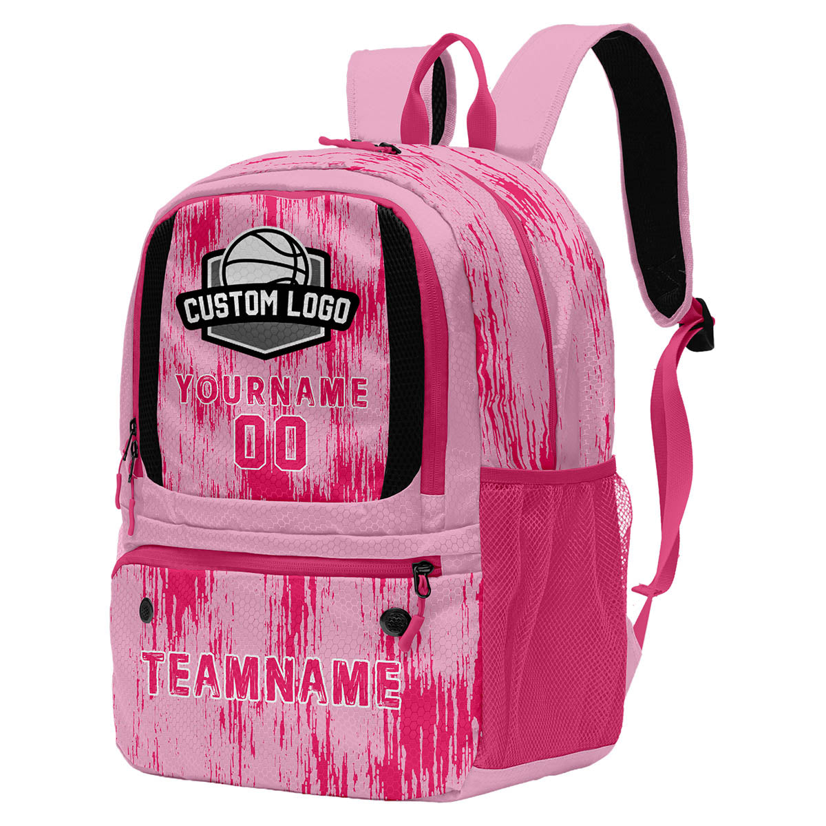 Custom Pink Rose Pink White Basketball Soccer Backpack Personalized Player Names Numbers Team Logo #BB-0919-0029