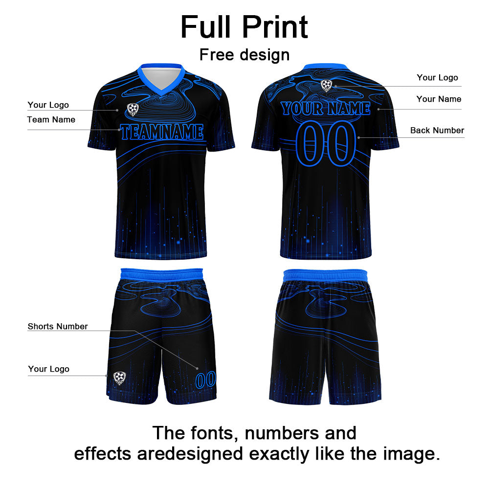 Custom Black Blue Soccer Uniform Jersey Kids Adults Personalized Set Jersey Shirt
