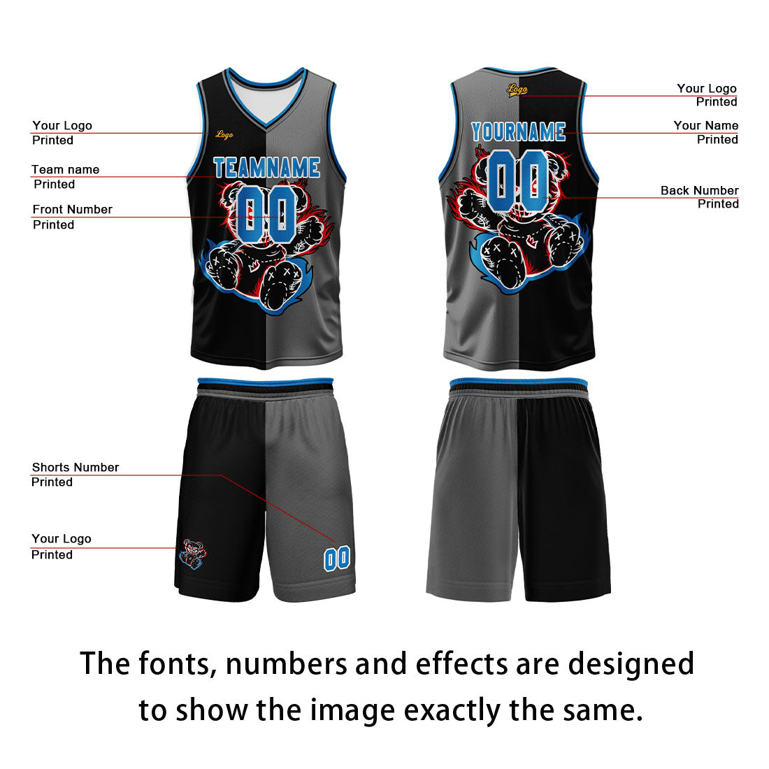 Custom Black Gray Basketball Jersey Uniform Suit Printed Your Logo Name Number