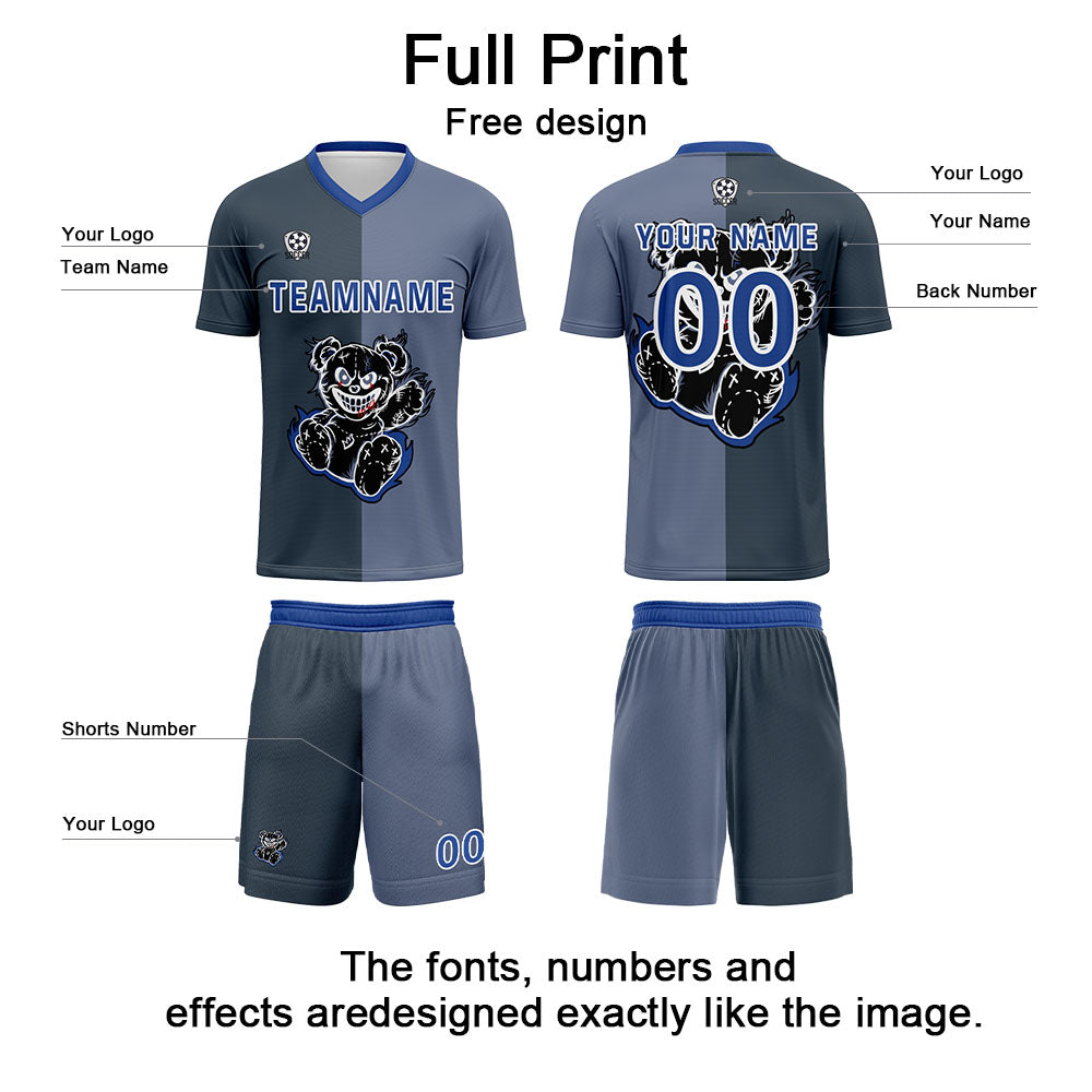 Custom Gray Blue Soccer Uniform Jersey Kids Adults Personalized Set Jersey Shirt