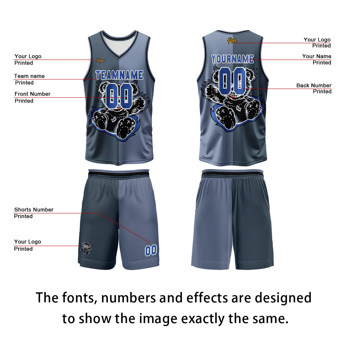 Custom Gray Blue Basketball Jersey Uniform Suit Printed Your Logo Name Number