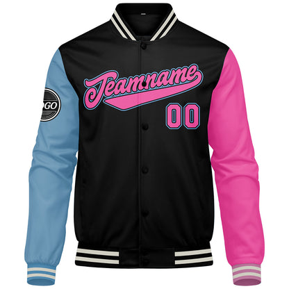 Custom Varsity Jacket Letterman jacket for Men, Women and Youth Black Light Blue Pink