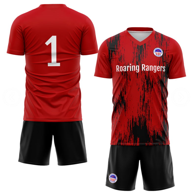 Roaring rangers soccer  red jersey  black shorts unifroms