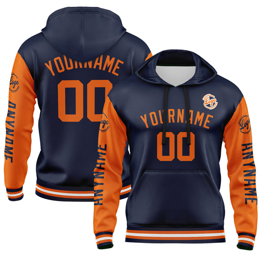 Custom Navy Orange Hoodie Personalized Mens Pullover Hoodie Printed Team Name Number Logo for Women