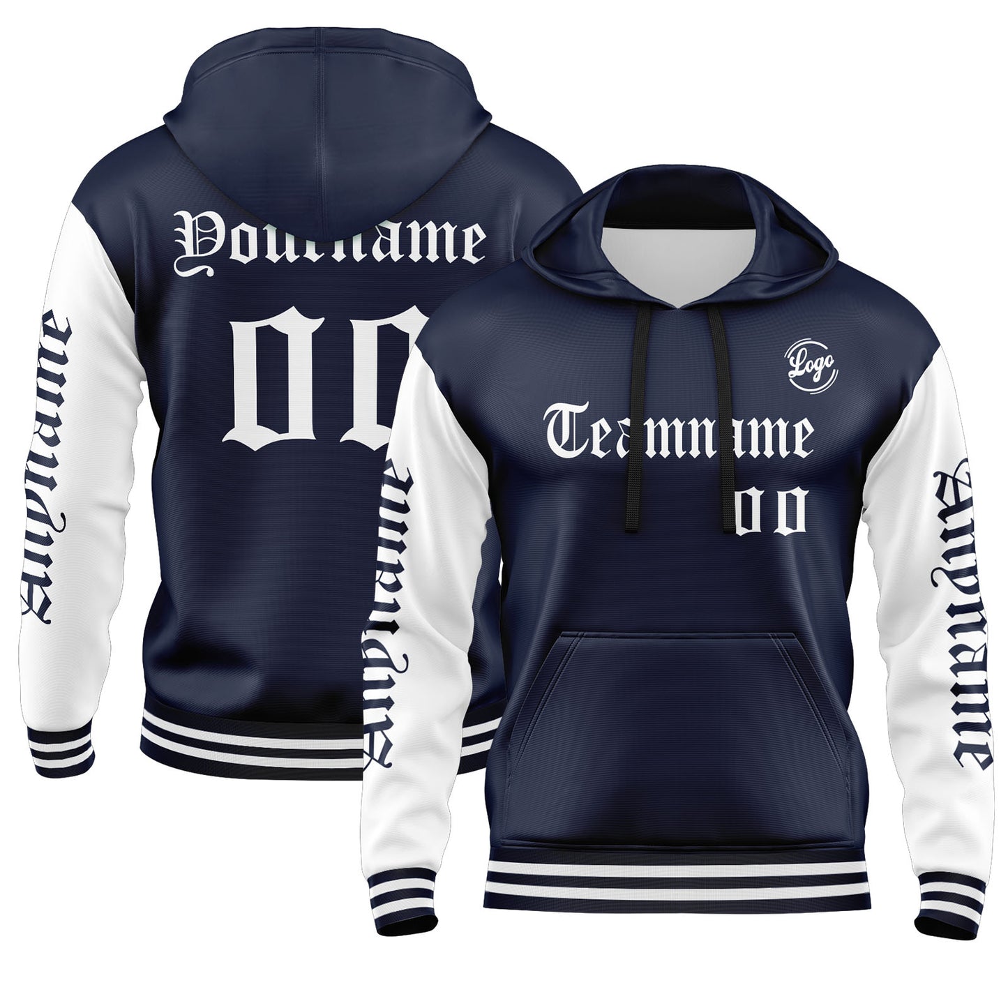 Custom Navy White Hoodie Personalized Mens Pullover Hoodie Printed Team Name Number Logo for Women