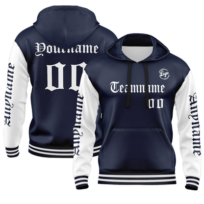 Custom Navy White Hoodie Personalized Mens Pullover Hoodie Printed Team Name Number Logo for Women