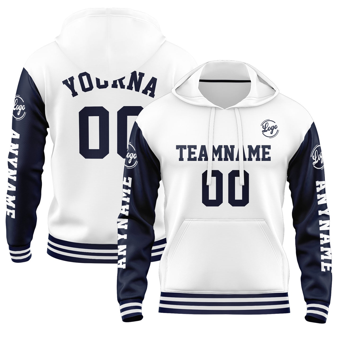 Custom Navy White Hoodie Personalized Mens Pullover Hoodie Printed Team Name Number Logo for Women