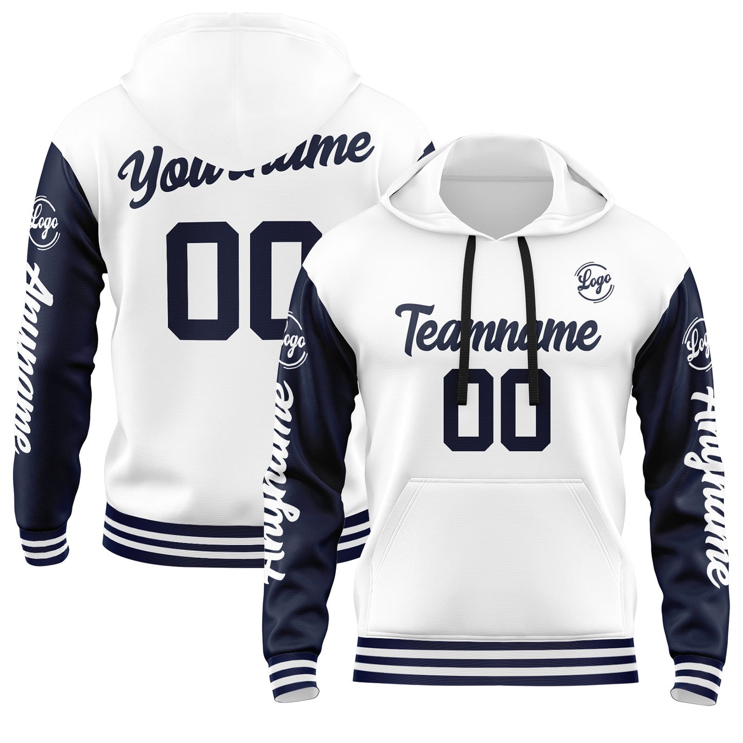 Custom Navy White Hoodie Personalized Mens Pullover Hoodie Printed Team Name Number Logo for Women