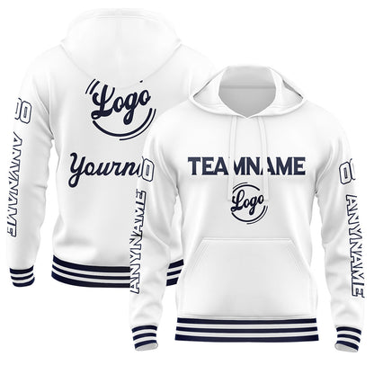 Custom Navy White Hoodie Personalized Mens Pullover Hoodie Printed Team Name Number Logo for Women