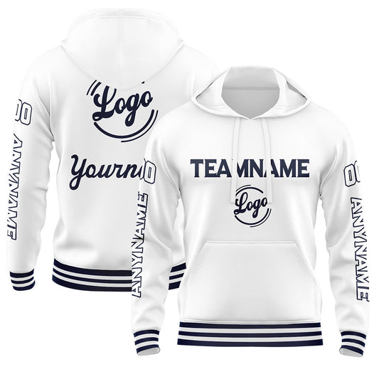 Custom Navy White Hoodie Personalized Mens Pullover Hoodie Printed Team Name Number Logo for Women