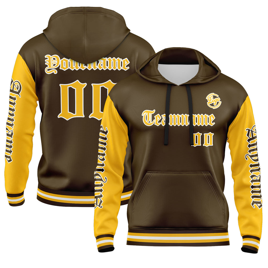 Custom Brown Yellow Hoodie Personalized Mens Pullover Hoodie Printed Team Name Number Logo for Women