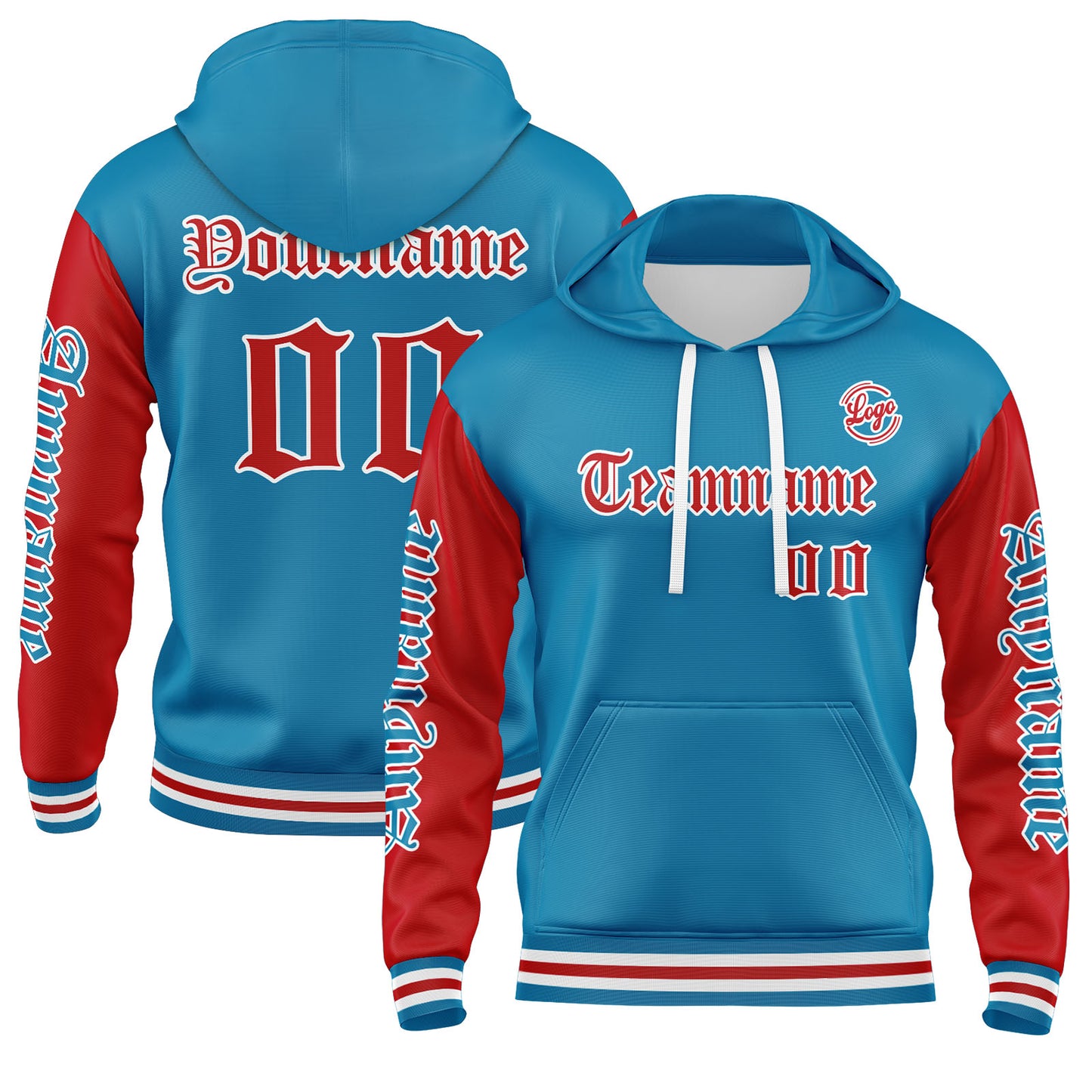 Custom Blue Red Hoodie Personalized Mens Pullover Hoodie Printed Team Name Number Logo for Women