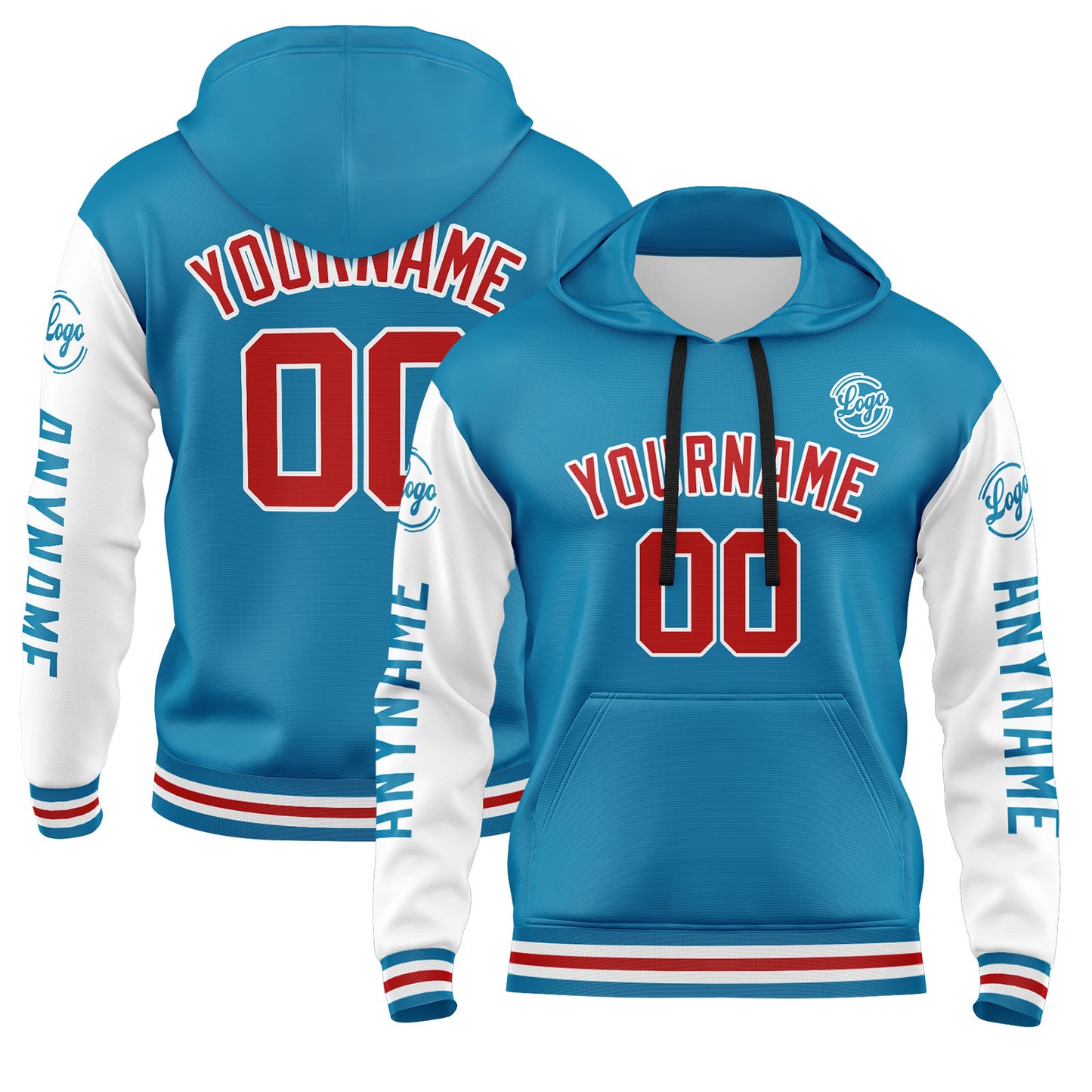 Custom Blue White Red Hoodie Personalized Mens Pullover Hoodie Printed Team Name Number Logo for Women