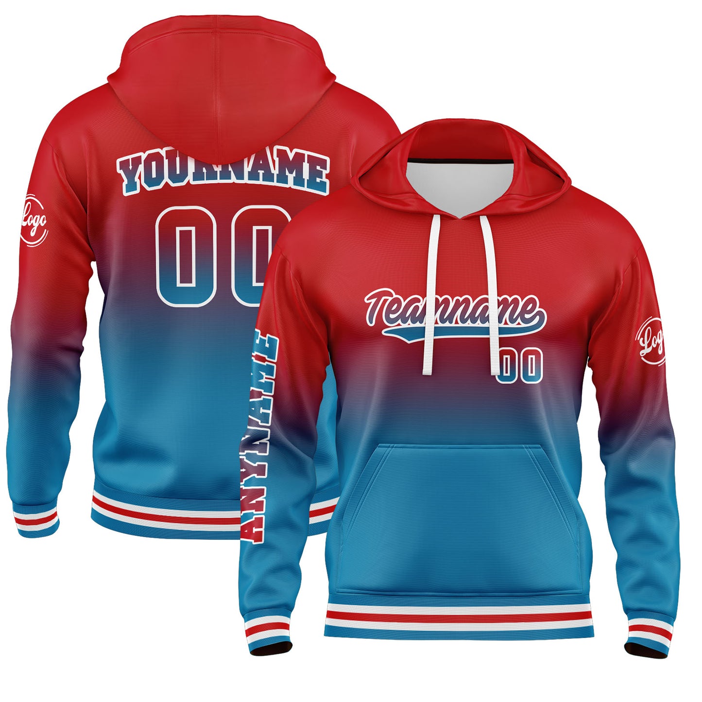 Custom Blue Red Hoodie Personalized Mens Pullover Hoodie Printed Team Name Number Logo for Women