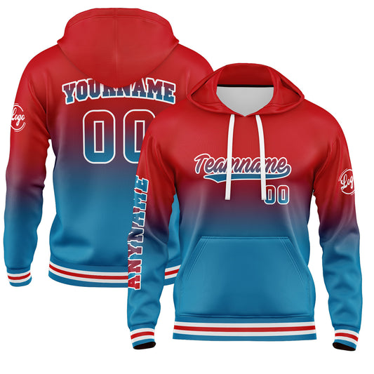 Custom Blue Red Hoodie Personalized Mens Pullover Hoodie Printed Team Name Number Logo for Women