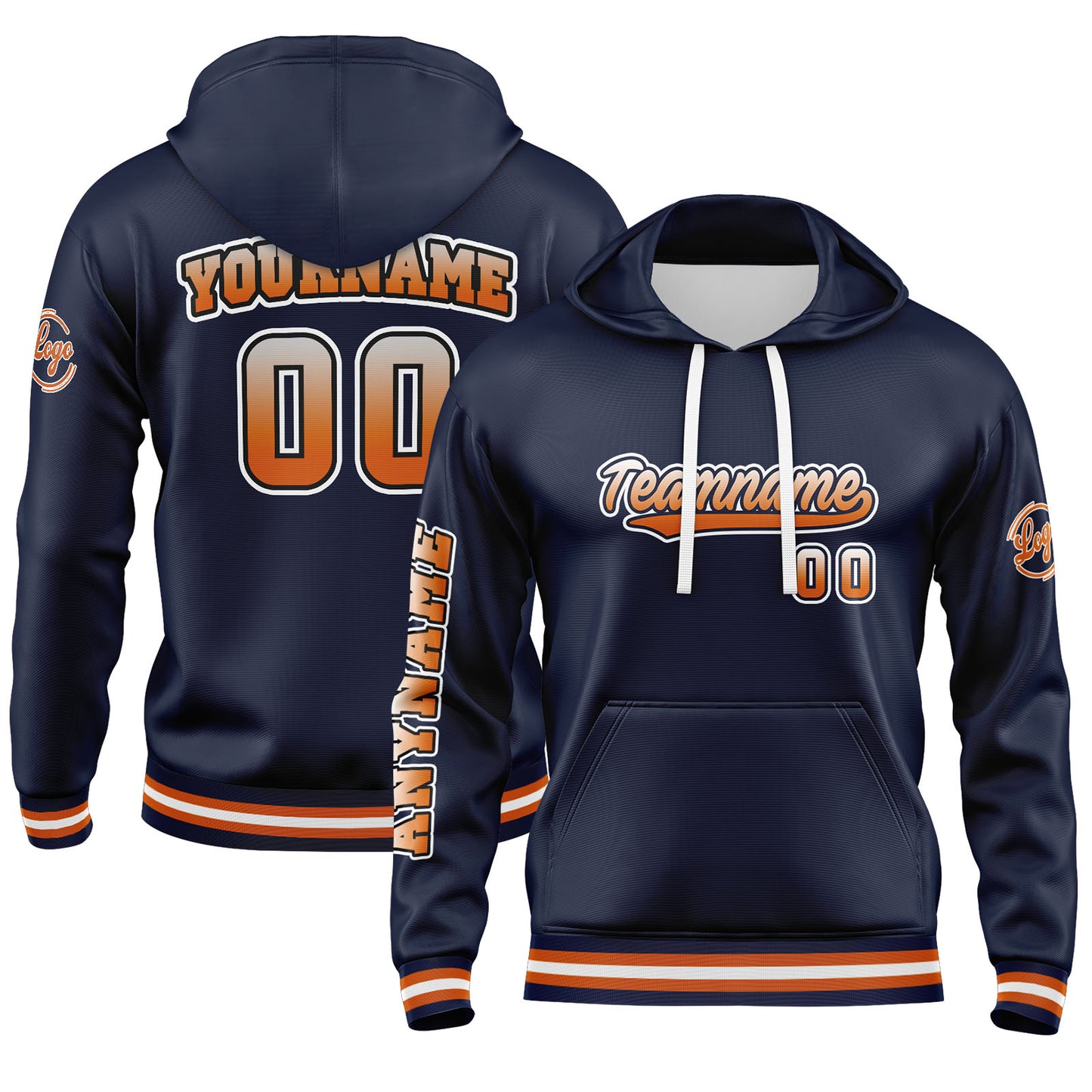 Custom Navy Orange Hoodie Personalized Mens Pullover Hoodie Printed Team Name Number Logo for Women