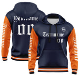 Custom Navy Orange Hoodie Personalized Mens Pullover Hoodie Printed Team Name Number Logo for Women