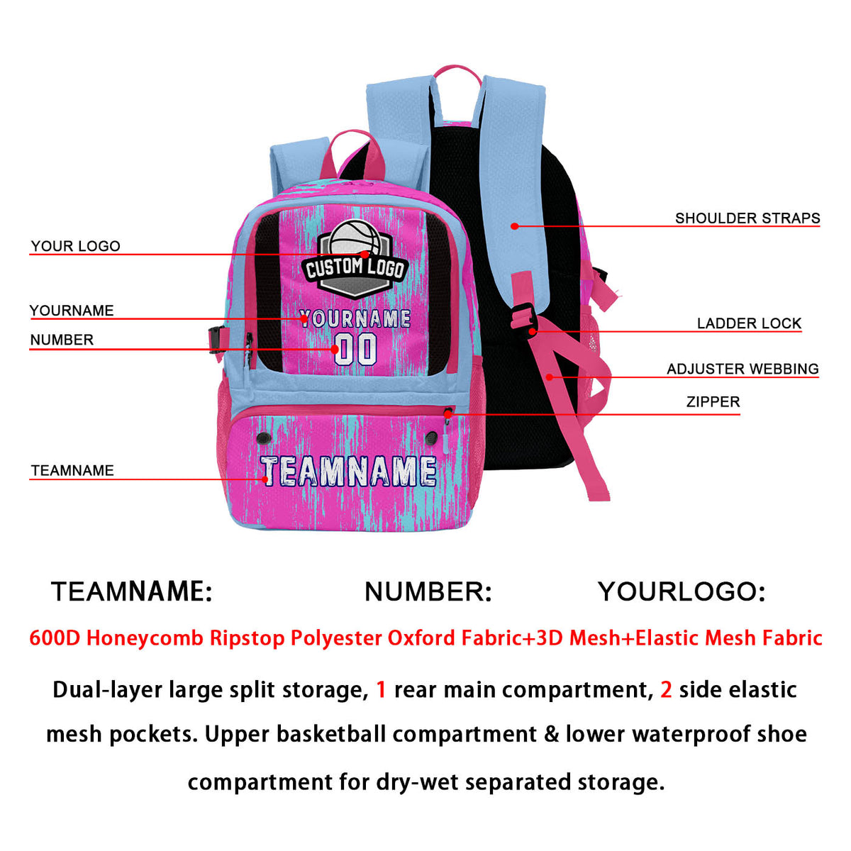 Custom Rose Pink Light Blue Basketball Soccer Backpack Personalized Player Names Numbers Team Logo #BB-0919-0035