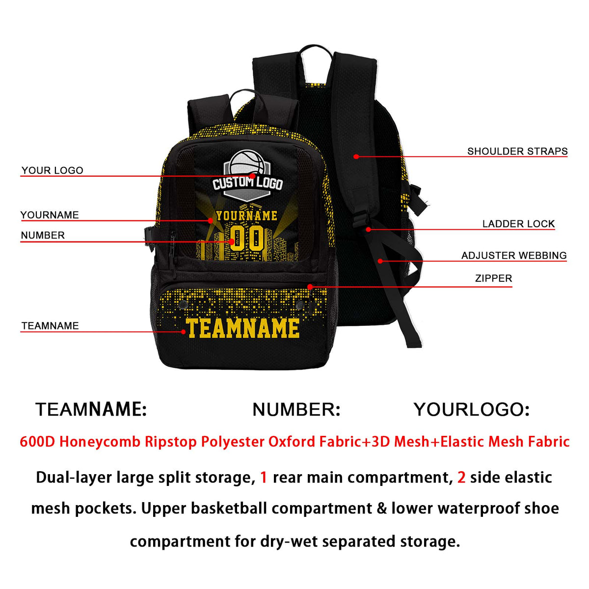Custom Black Basketball Soccer Backpack Personalized Player Names - Numbers & Team Logo #150-BP-0914-0007