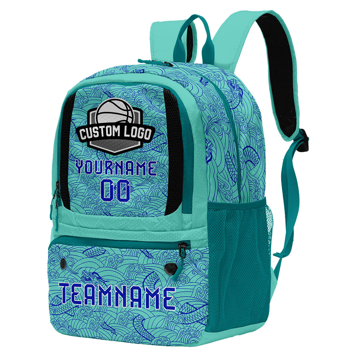 Custom Cyan Blue Basketball Soccer Backpack Personalized Player Names Numbers Team Logo #BB-0919-0012