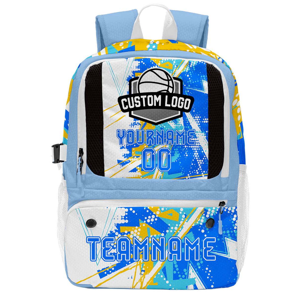 Custom Blue White Yellow Basketball Soccer Backpack Personalized Player Names Numbers Team Logo #BB-0919-0007