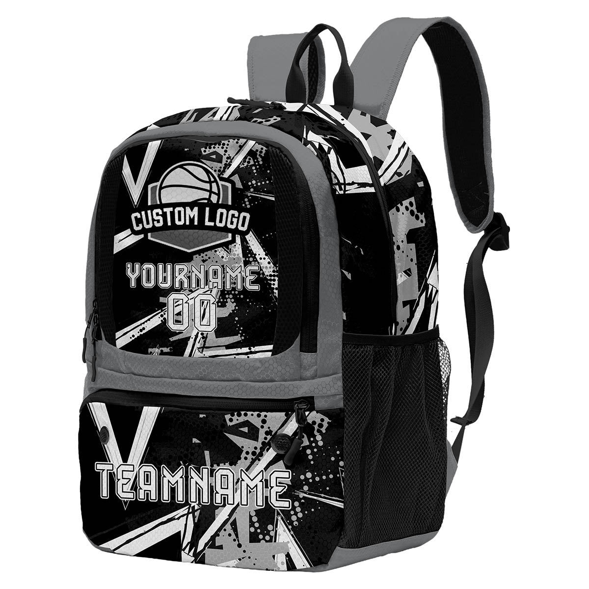 Custom Black Gray White Basketball Soccer Backpack Personalized Player Names Numbers Team Logo #BB-0919-0002