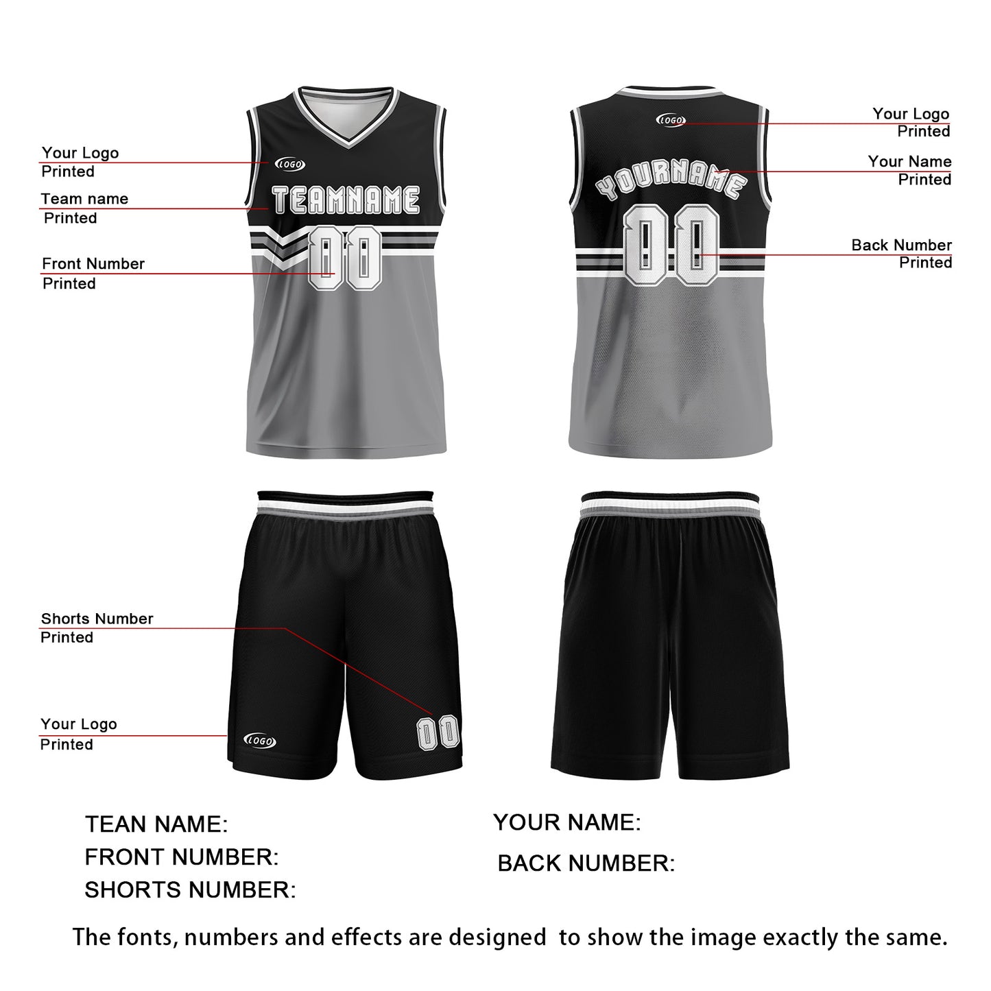 Custom Black Gray White Basketball Jersey Uniform Suit Printed Your Logo Name Number
