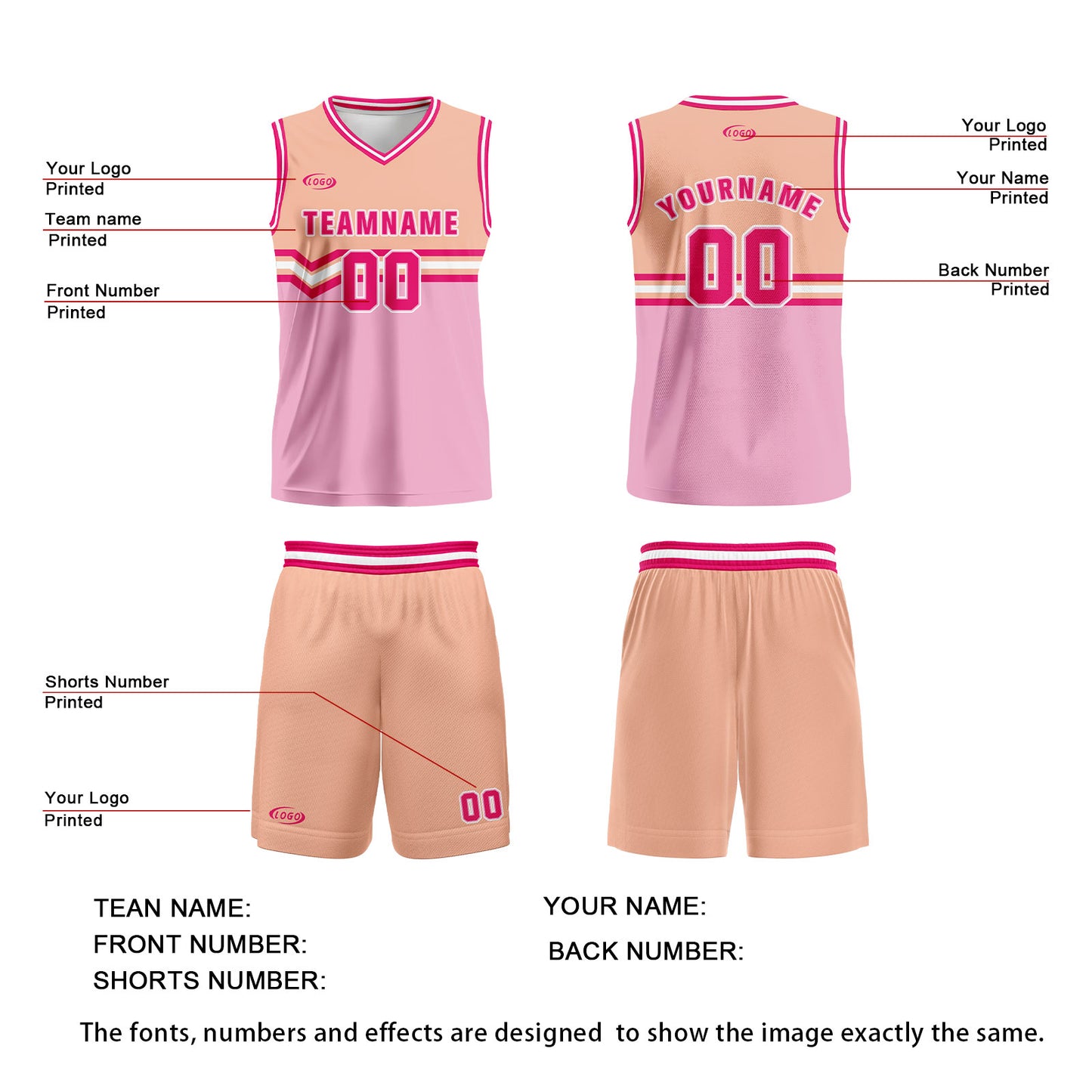 Custom Pink Orange Rose Red Basketball Jersey Uniform Suit Printed Your Logo Name Number
