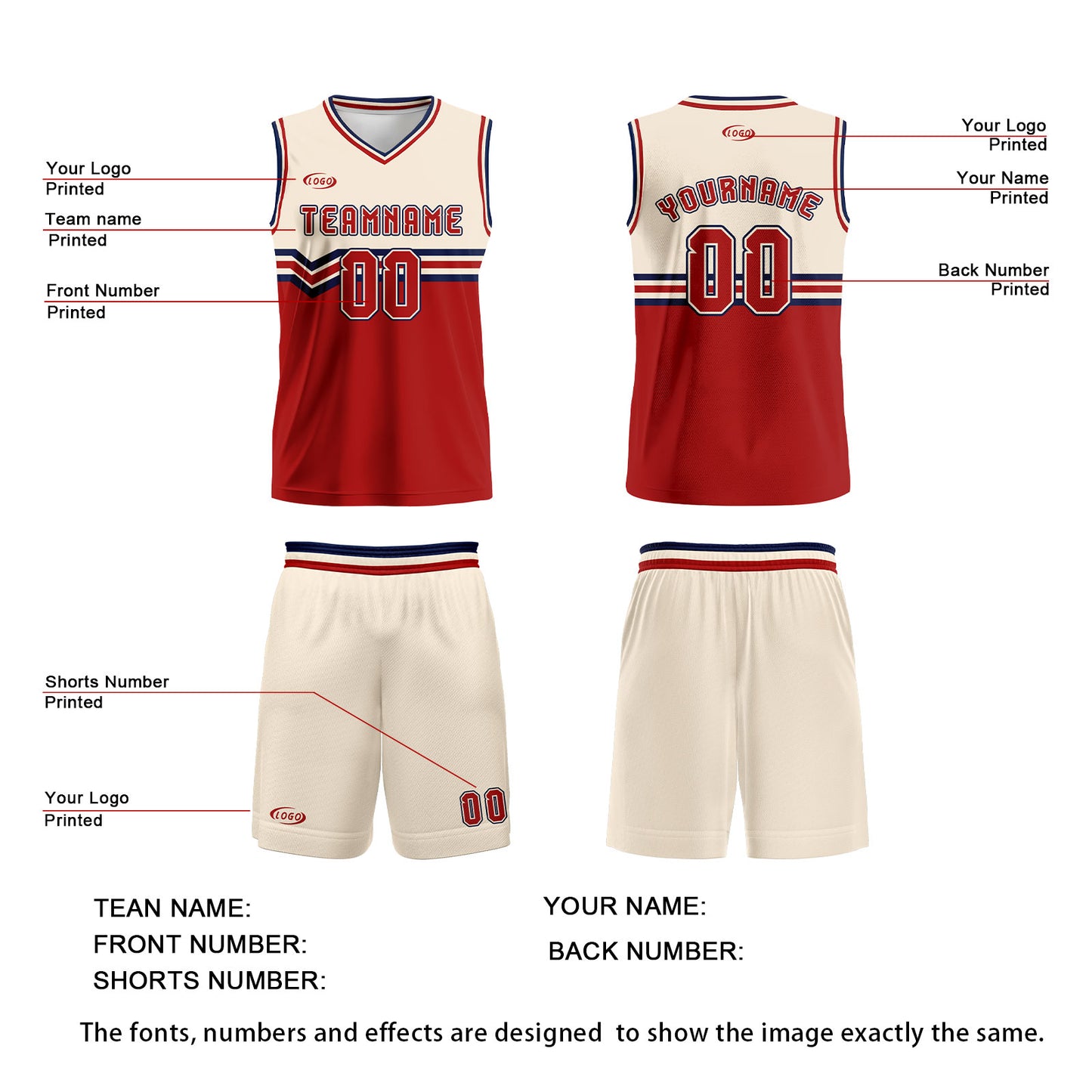 Custom Beige Red Blue Basketball Jersey Uniform Suit Printed Your Logo Name Number
