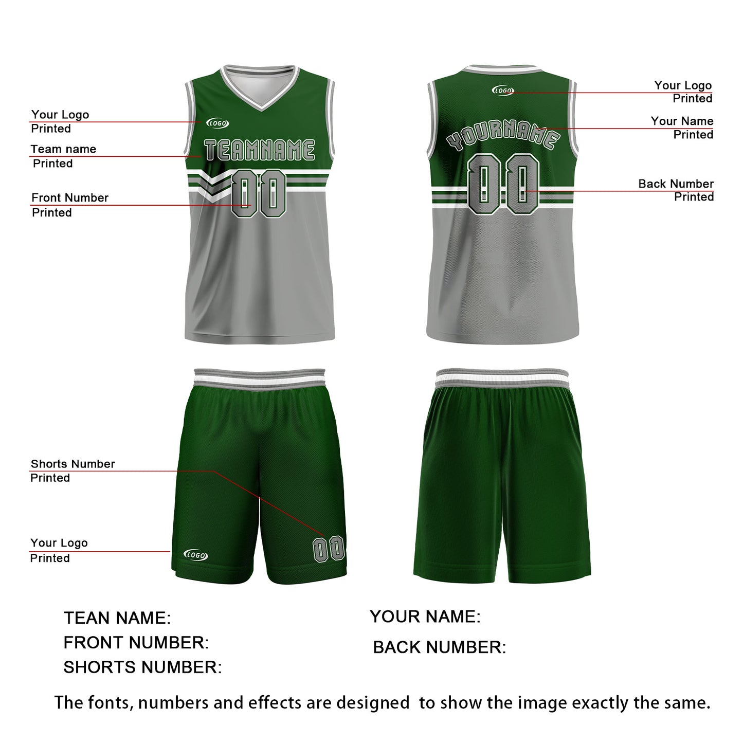 Custom Grass Green Gray White Basketball Jersey Uniform Suit Printed Your Logo Name Number