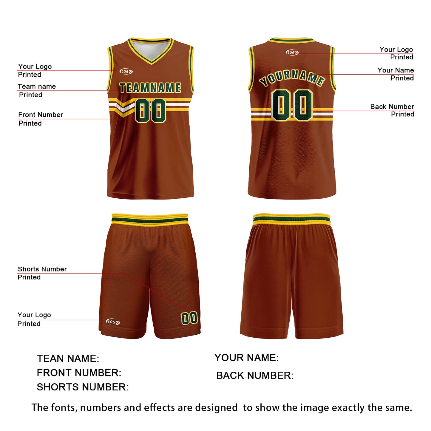 Custom Brown Green Yellow White Basketball Jersey Uniform Suit Printed Your Logo Name Number