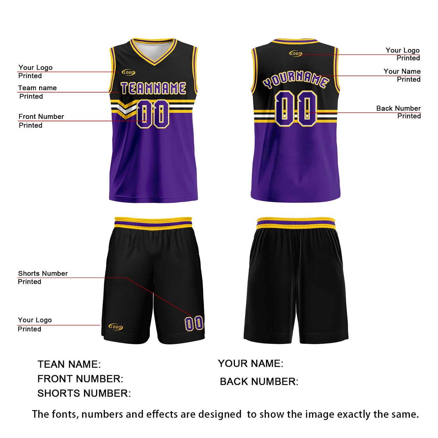 Custom Black Purple Yellow White Basketball Jersey Uniform Suit Printed Your Logo Name Number