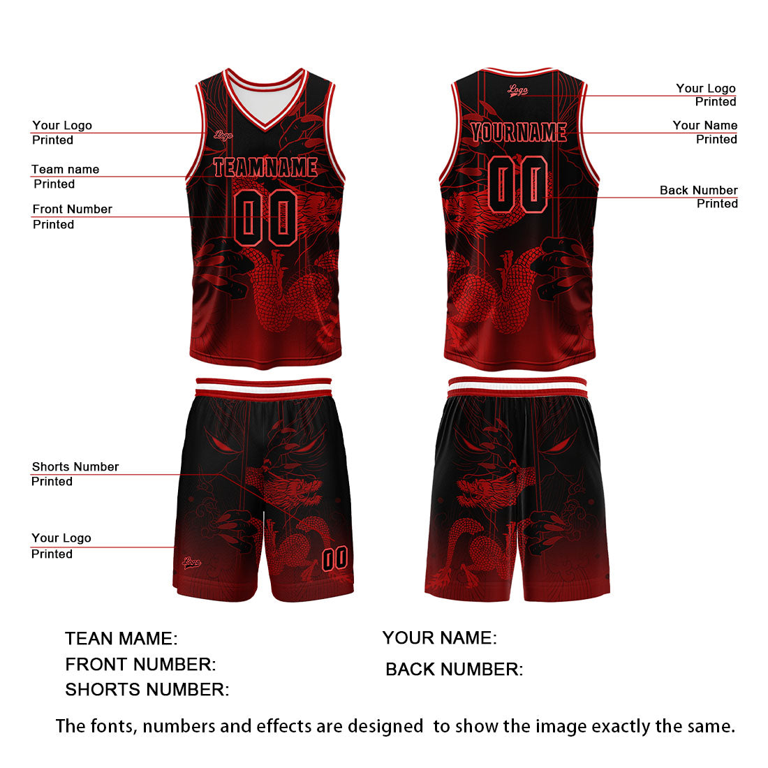 Custom Red Reversible Basketball Suit for Adults and Kids Personalized Jersey