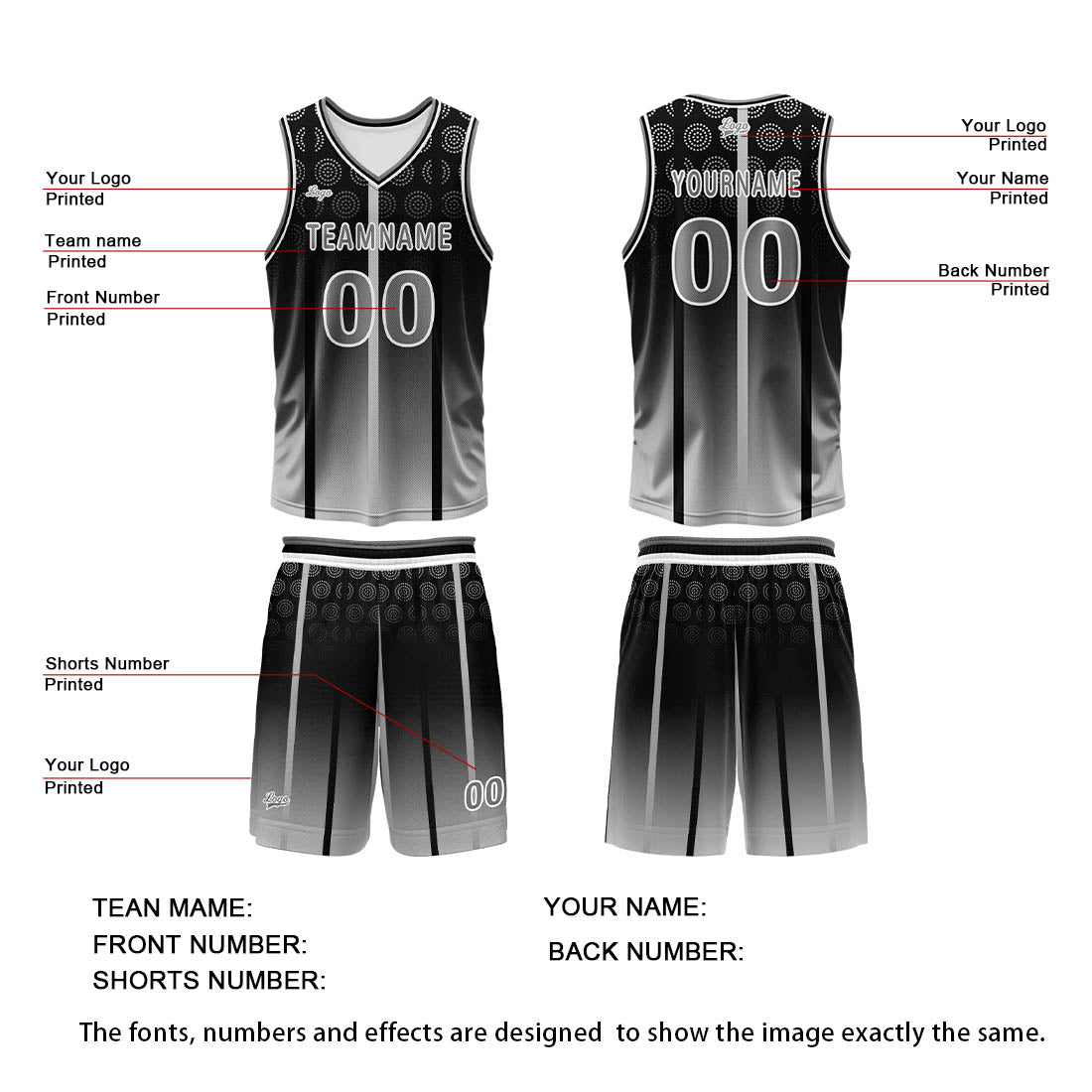 Custom Black Basketball Jersey Uniform Suit Printed Your Logo Name Number