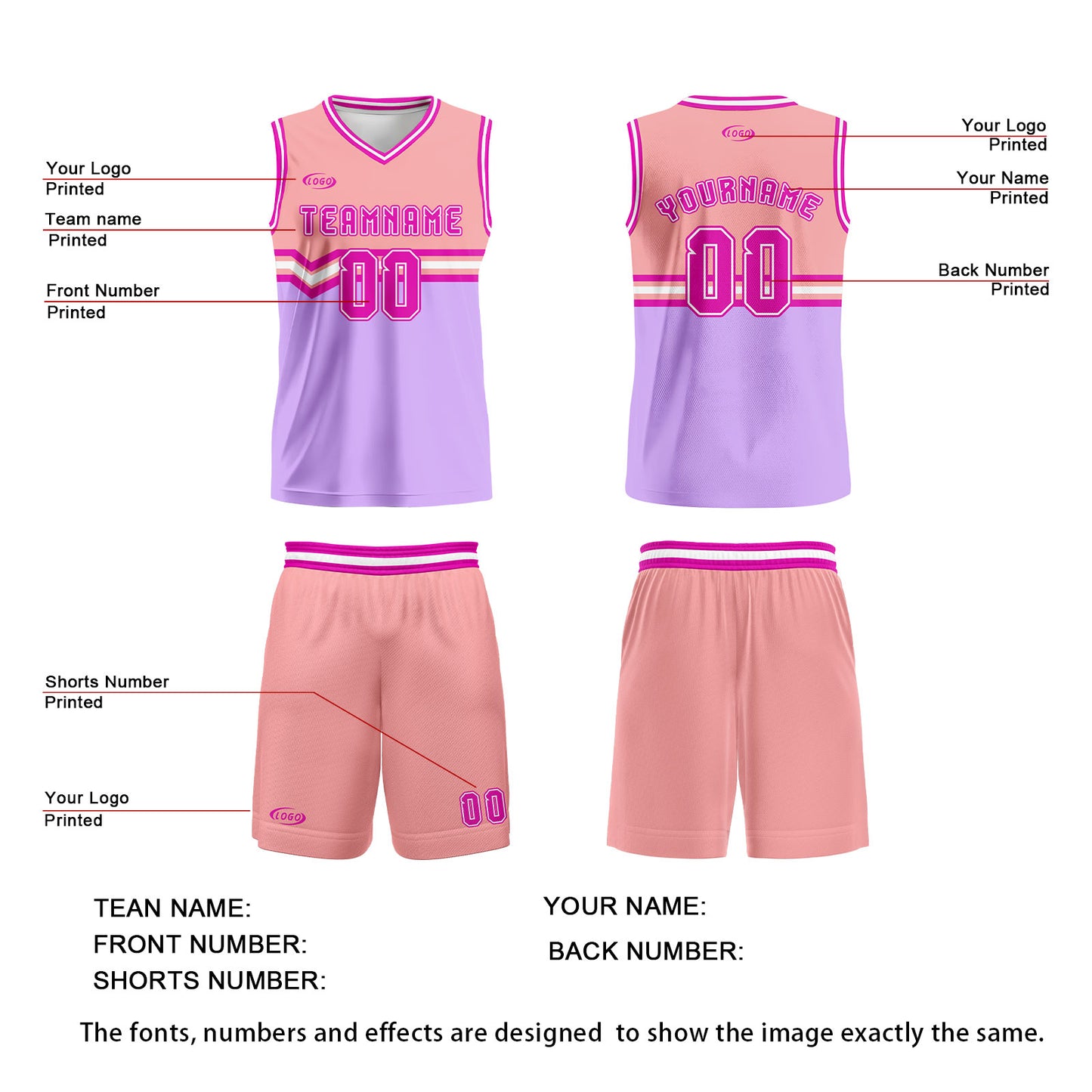 Custom Pink Purple Rose Red Basketball Jersey Uniform Suit Printed Your Logo Name Number
