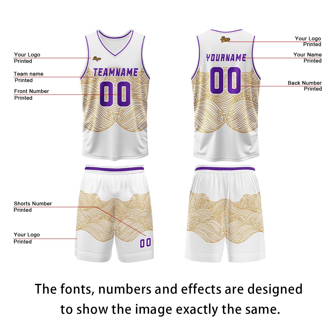 Custom White Yellow Violet Basketball Jersey Uniform Suit Printed Your Logo Name Number