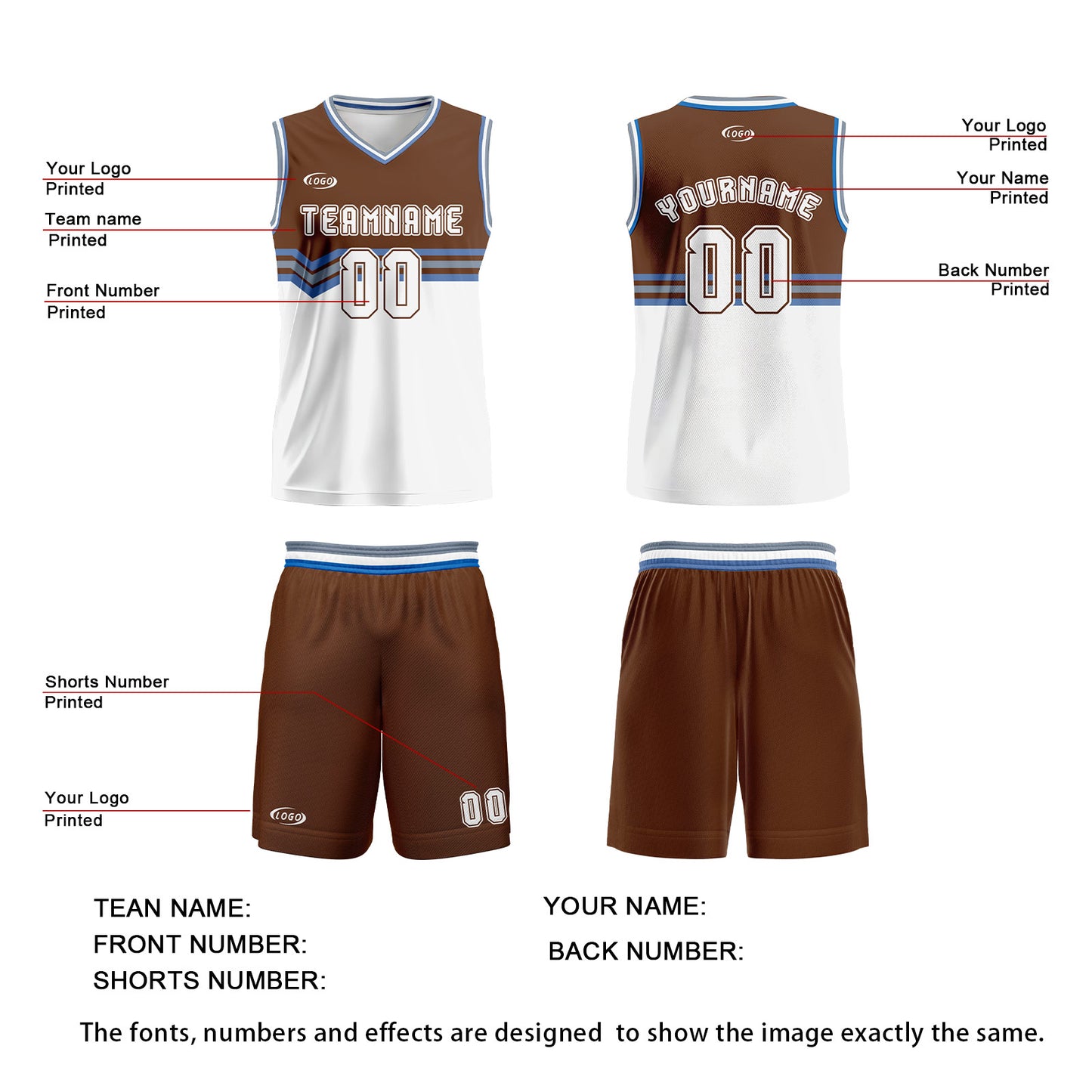 Custom Brown White Gray Blue Basketball Jersey Uniform Suit Printed Your Logo Name Number