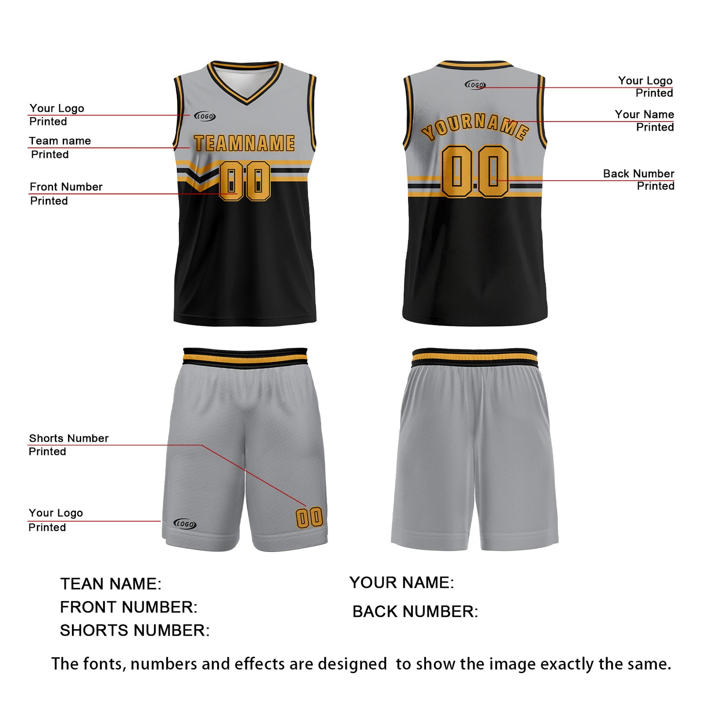 Custom Grey Black Yellow Basketball Jersey Uniform Suit Printed Your Logo Name Number